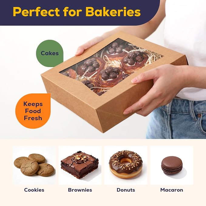 Fit Meal Prep [25 Pack] Pie Boxes With Window 10x10x2.5 Kraft Pastry Boxes Auto-Popup Cardboard Gift Packaging for Cupcake, Cookies Treat Box for Party, Christmas, Valentines Day