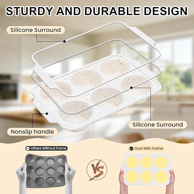 Vinino 2-Pack Silicone Jumbo Muffin Pan for Baking with Metal Reinforced Frame, 6 Cups Jumbo Cupcake Pan with Non-Slip Handle, Nonstick Muffin Tray for Oven, BPA Free, Dishwasher Safe