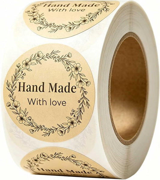 500 PCS Thank You Stickers 1.5 Inch Round Kraft Paper Labels, Floral Wreath Handmade with Love Stickers for Small Business Packaging, Self Adhesive Rustic Handmade Labels