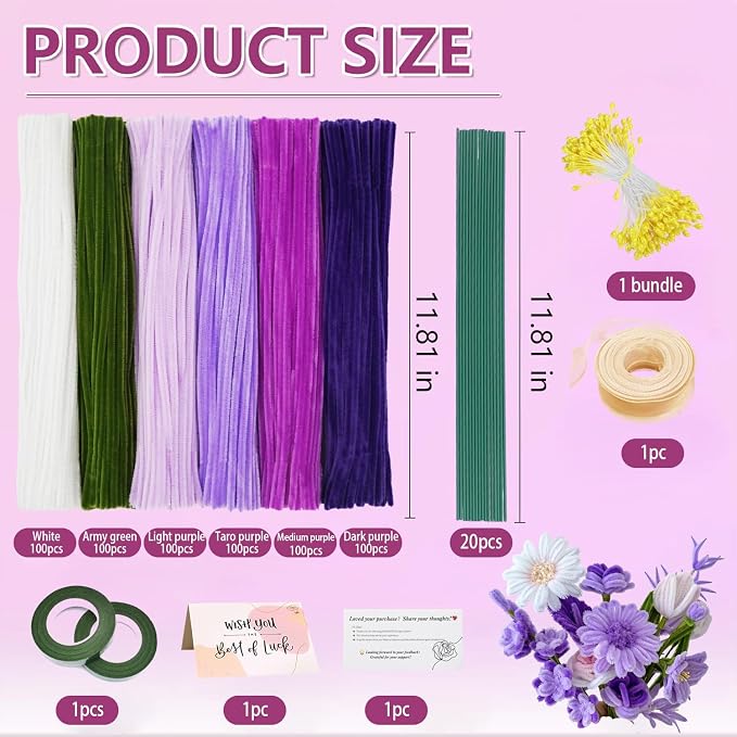 AHAMETON 620Pcs Purple Pipe Cleaner Flower Kit, 6 Colors Bulk Pipe Cleaners Craft Supplies with Wires, Stamens, Ribbon, Tapes, Card, DIY Flower Making for Gifts Home Decoration, Party & School Crafts