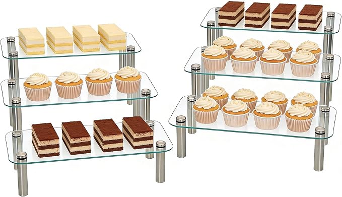 6 Pack Tempered Glass Display Stands Set, 13 Inch Rectangular Cake Cupcake Stand Dessert Display Riser Serving Platter Plate for Decoration Table Party Wedding Baby Shower