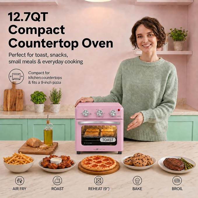 VAL CUCINA 6-in-1 Retro Air Fryer Toaster Oven Combo, Compact 12.7 QT Small Countertop Convection Oven, Fits 9" Pizza & 4 Toast, Hexagon Hybrid Heating, Enamel Baking Pan Included, Pink Color
