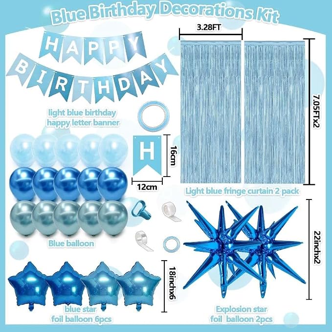 Blue Birthday Party Balloon Kit,Metallic Blue Pearl Balloons Happy Birthdays Banner Fringe Curtains Explosion Star Foil Balloon for Women Man Baby Shower Birthday Decoration