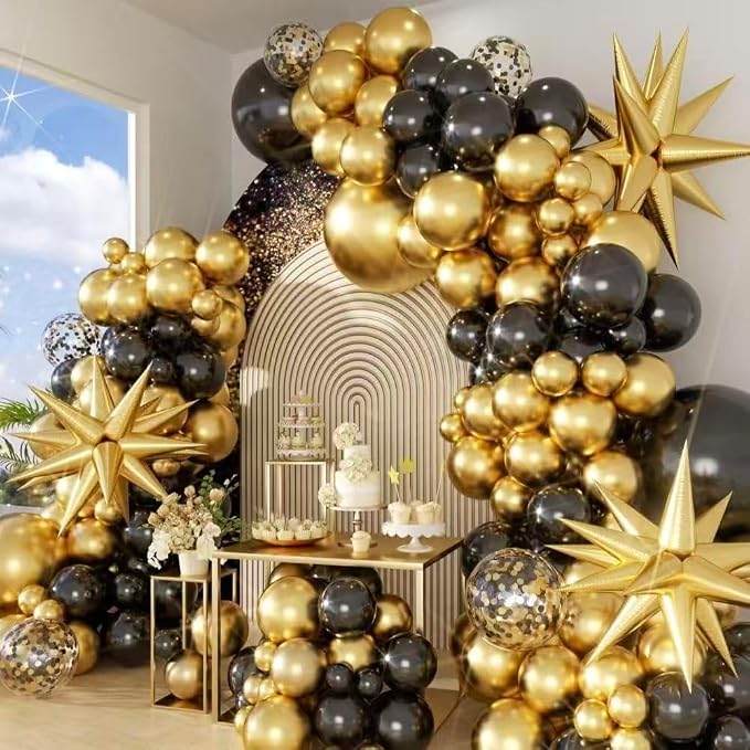128Pcs Back to School Black and Gold Balloon Arch Kit, Explosion Star Black and Metallic Gold Balloons 18/12/10/5 Inch Balloons for Birthday Anniversary Retirement Wedding Graduation Decorations