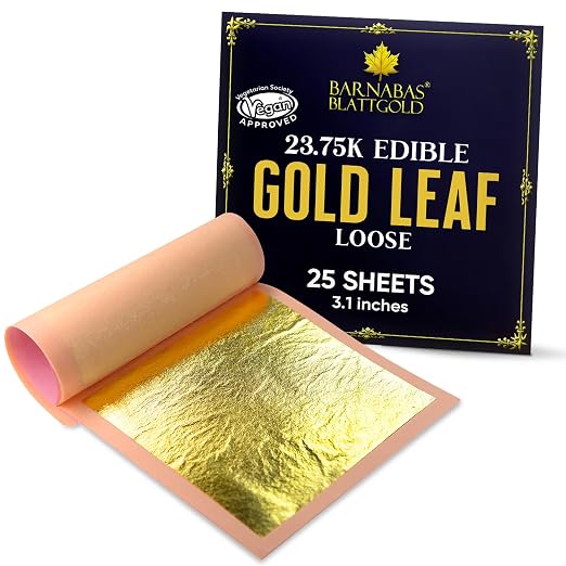 Barnabas Blattgold Edible Gold Leaf 24K - Cake Decorations, Loose Gold Leaf Sheets for Cupcakes - 3.1 inches, Interleaf of 25