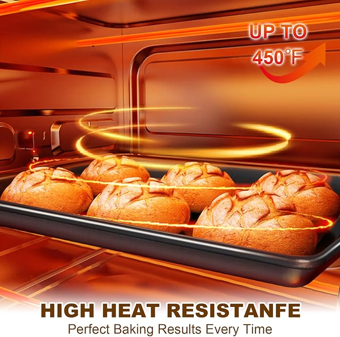 Baking Sheet Pan Set of 3, Nonstick Commercial Cookie Sheets for Baking | Half/Quarter/Jelly Roll Pans Replacement Toaster Oven Tray, Heavy Duty & Easy Clean, Dark Black