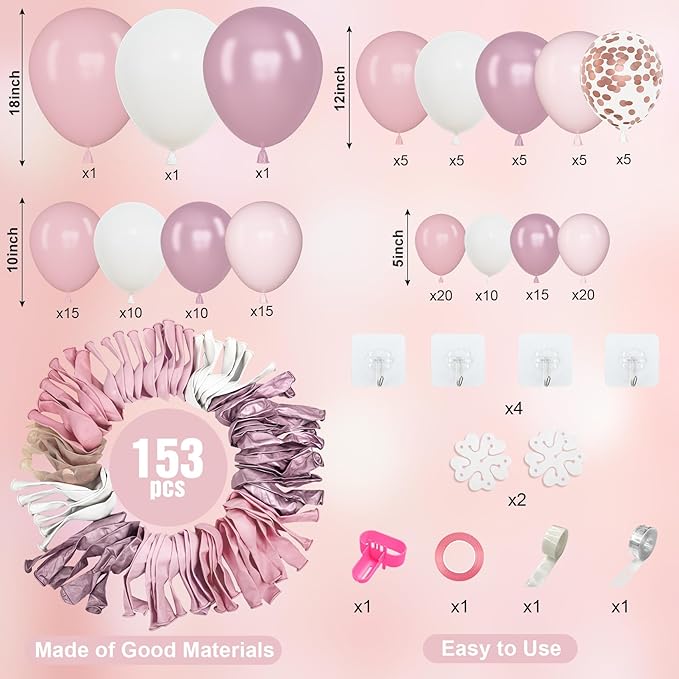 Amandir 153pcs Pink White Balloons Arch Garland Kit, Different Sizes 18 12 10 5inch Pastel Light Latex Metallic Confetti Pink Balloons Valentines Shower Wedding Bow Coquette Birthday Party Decorations