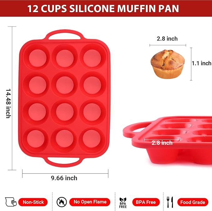 Silicone Muffin Pans for Baking 12 Cup with Metal Reinforced Frame, Nonstick 2Pack Regular Size Homemade Cupcake Pan, BPA Free Food Grade, Easy Release, Dishwasher Oven Freezer Safe for Egg Bite Molds