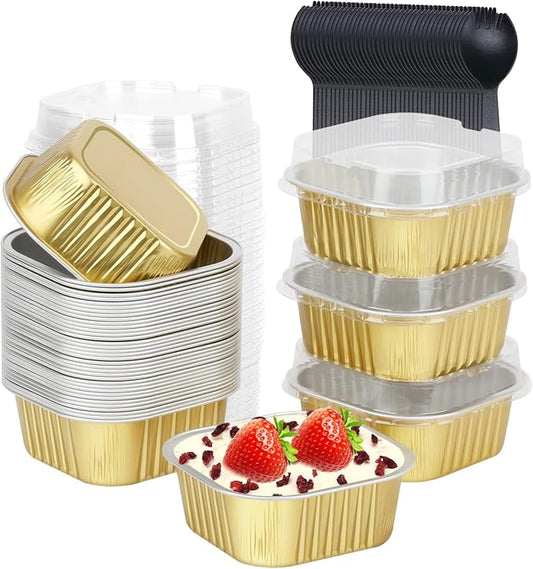 LNYZQUS Mini Cake Pans with Lids and Spoons,10oz Disposable Small Foil Baking Tins,40 Pack Individual Cake Containers for Home Bakers Bake Sales-Gold,4x4 Square