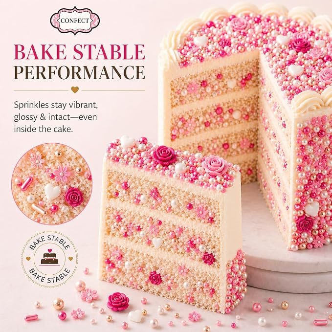 Confect Pink Mini Roses I Silver Hearts & Vermcelli and White Pearls | Anniversary Sprinkles | Sprinkles for Baking & Cake Decorative | Edible sprinkles - Vegan, Gluten-Free, Nut-Free, Soy-Free, Dairy-Free , Handcrafted Sprinkle 5 Oz