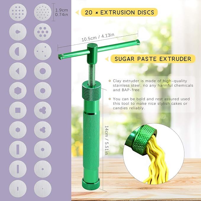 Swpeet 36Pcs Green Clay Extruder Gun Fondant Sugar Paste Extruder Clay Cake Sculpture Gun, Ball Stylus Dotting Tool with Plastic Scraper, Cake Decorating Supplies Modeling Tool