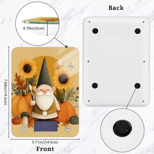 Fall Gnome Pumkin Sunflowers Thanksgiving Food Scale Kitchen Digital Scale Food Ounces and Grams Dieting Baking Cooking Waterproof Glass Panels LCD Display,4 Units Tare Function
