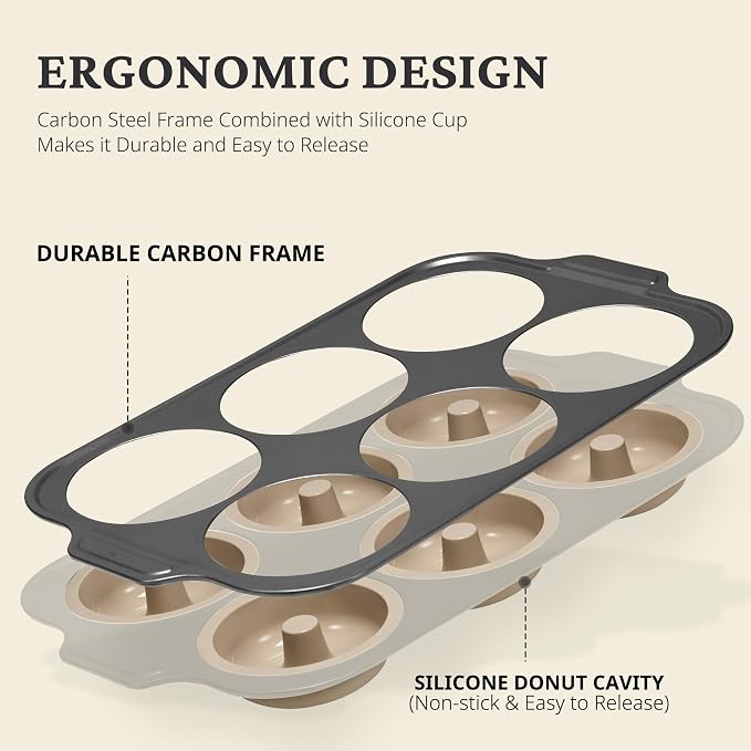 BRONYPRO 2 Pack Silicone Donut Pan for Baking with Metal Reinforced Frame, 6-Cavity Nonstick Doughnut Mold, Large Donut Size, Food-Grade Bakeware, Oven Dishwasher Freezer Safe, Gray