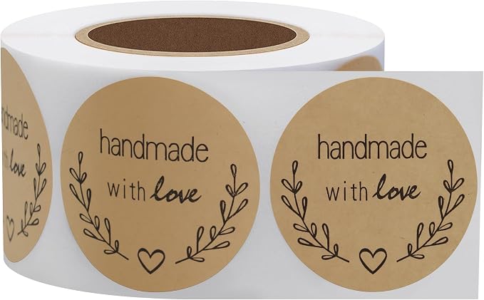 Hybsk Kraft Olive Branch Handmade with Love Stickers 1.5 inch Round Total 500 Labels on a Roll (Kraft)