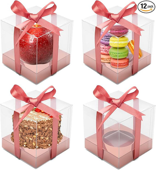 12 Pack Clear Plastic Cupcake Boxes, 3.5 Inch Gold Single Cupcake Containers Disposable Individual Cup Cake Carrier Holder Boxes with Inserts and Ribbon (Rose gold)