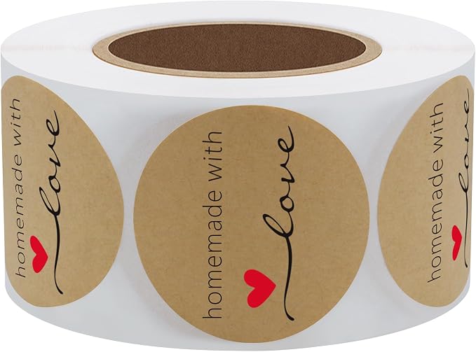 Hybsk Kraft Homemade with Love Stickers 1.5" Inch Round Total 500 Adhesive Labels Per Roll (Kraft)