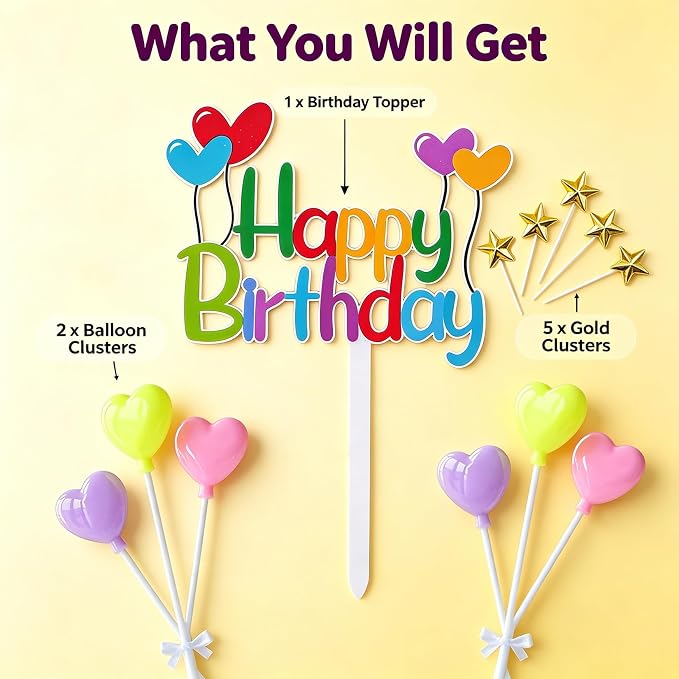 Colorful Happy Birthday Cake Topper Set - Stars and Hearts Picks, Perfect for Kids' Birthdays, Rainbow Themed Parties Ideal for Cupcakes Party Decor