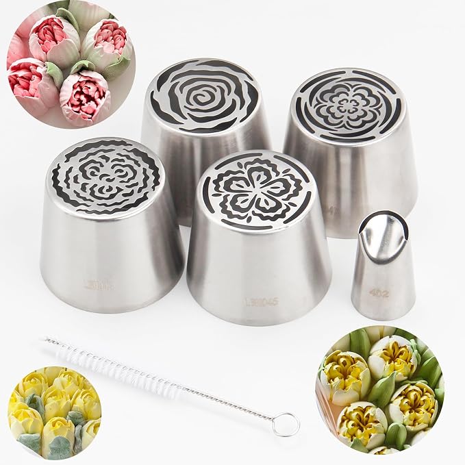 4pack Russian Piping Flower Nozzles Extra Large, Stainless Steel Rose Floral Piping Nozzles for Cake Decorating Icing, Cream Flower Bouquet DIY Cookies, Desserts Baking Tools (XXL, 4A）