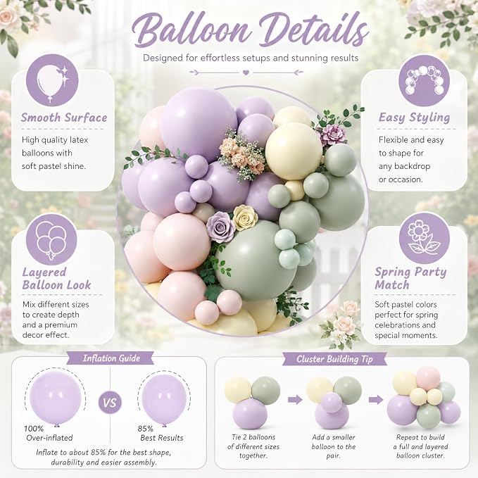 Pink Purple Green Balloon Arch Kit, 122Pcs Dusty Pink Light Green Macaron Yellow Pastel Balloons for Kids Girl Flower Party Decorations Spring Baby Shower Wedding Engagement Fairy Birthday Supplies