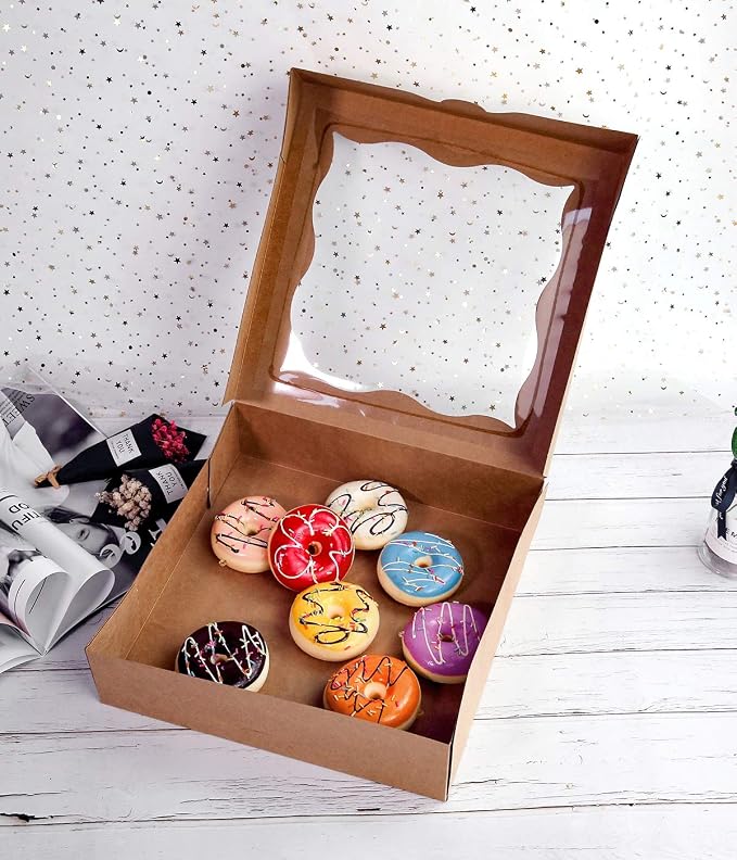 CHERRY 12"x12"x3" Brown Bakery Boxes with PVC Window for Pie and Cookies Boxes Large Natural Kraft Paper Box, Pack of 12