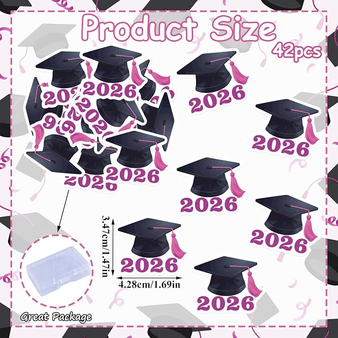 42pcs Edible Graduation Cap Cupcake Toppers Wafer Paper Pink Class of 2026 Cake Decorations Edible Grad Cap Cupcake Picks for 2026 Graduation Theme Party Cake Decor Supplies
