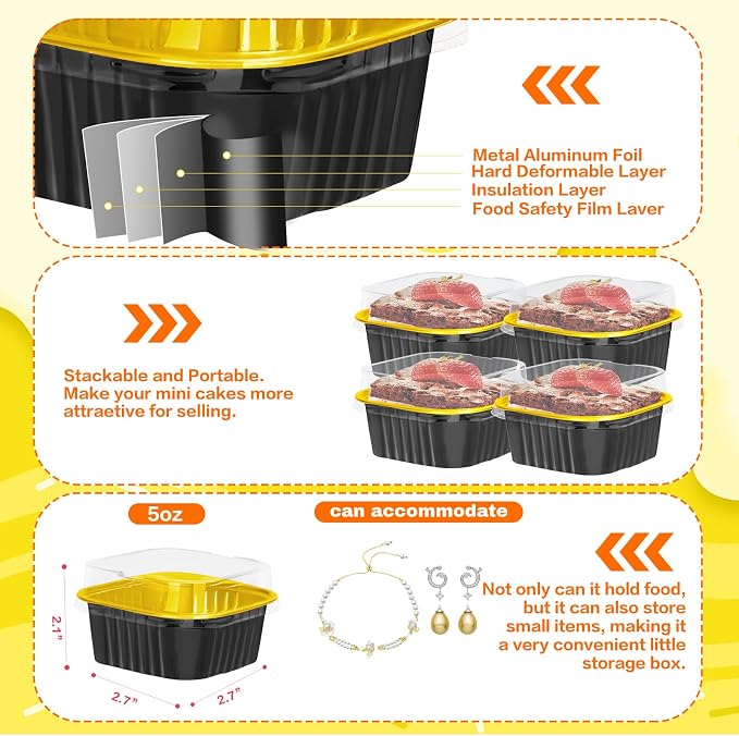30Pack 5oz Mini Cake Pans with Lids and Spoons Baking Cups Aluminum Foil Pans Tins, Individual Dessert Cups Containers for Sales,Party,Picnics (Black&Gold)