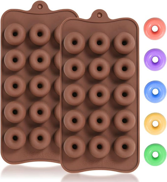 Mini Donut Silicone Molds, 2 Pcs Chocolate Molds with Donut Shapes for Making Chocolate/Candy/Gummy/Jelly, Food Grade Candy Mold with 15 Cavities Mini Doughnuts for Fruit Snacks