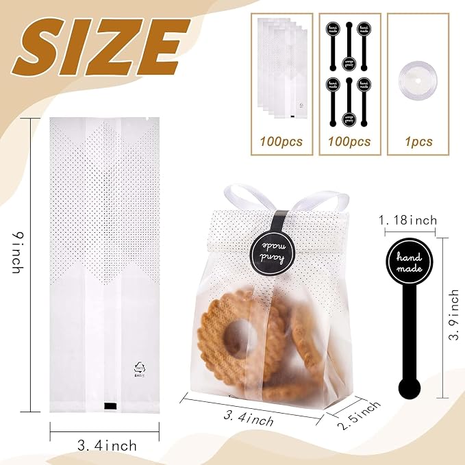 YunKo Cookie Bags for Packaging, 100 Pack Cellophane Treat Bags for Gift Giving, 3.4 x 9 in Cookie Packaging for Homemade Treats, Muffins, Candy, Mini Loaf, Party Favors, Black Dot