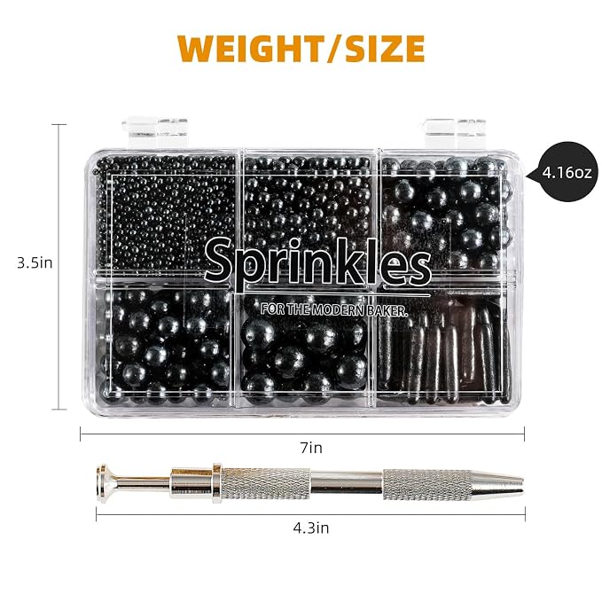 Kasvan Black Mix Sugar Sprinkles - Edible Candy Pearls with 4-Claw Sprinkle Pen,118g/4.16 Oz, Gift Box Pack, Baking Cake Decorations, Ice Cream Toppings and Cookie Decorating (Black)