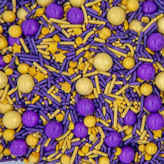Lakers Purple and Gold Sprinkles for Cake, Cookie, Cupcake Decorating, and Baking - Lakers and Mardi Gras Cake Decorations in Purple Jimmies, Nonpareils, Sprinkles with Chocolate Balls
