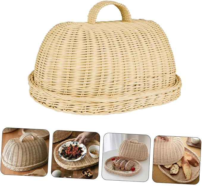 Rattan Khaki Woven Protective Basket Kitchen Dustproof Flyproof Fruit Bread Storage Organizer