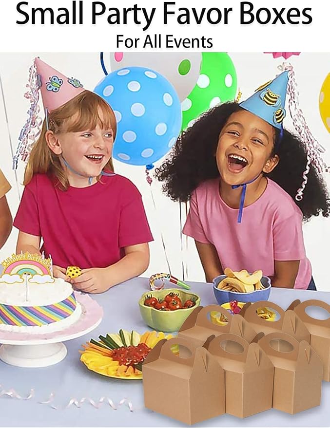 Happyhiram 50 Count Party Favor Boxes Kraft Brown, Treat Boxes with Handles 6" Gable Boxes Candy Party Favor Paper Gift Boxes for Kids Birthday Baby Shower Bridal Shower