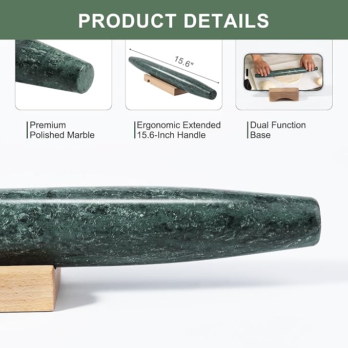 French Marble French Rolling Pin with Wooden Resting Base, 15 inch Kitchen Baking Tool for Baking with Non-Stick Surface, Ideal as a Dough Roller for Pie Crust, Cookie, Pasta
