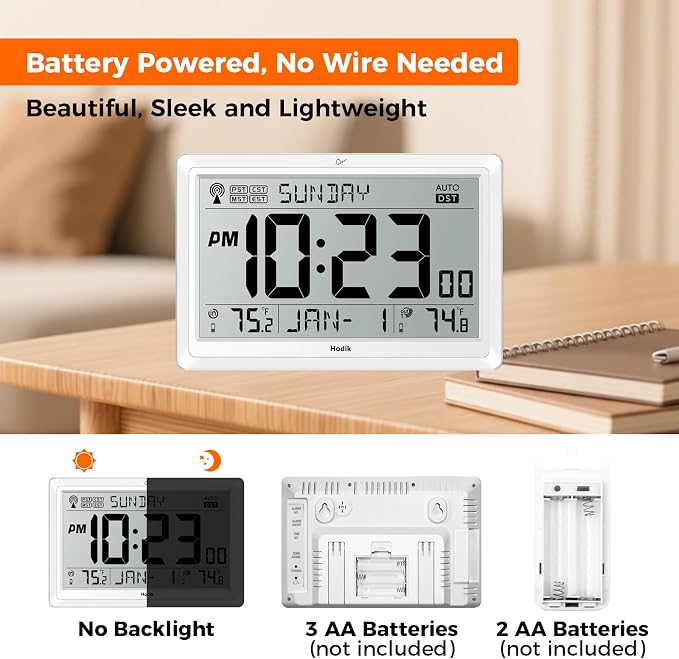 HODIK Wall Clock Atomic with Indoor Outdoor Temperature Battery Powered, Easy Reading with 10.5 Inch LCD Display, 330FT Range Table Wall Clock with DST, 12/24 Hour for Living Room Kicthen (White)