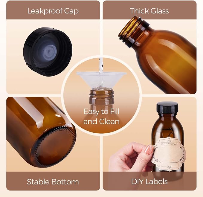 12 Pack 4 oz Vanilla Extract Bottles, Amber Boston Glass Bottle with Cap Empty Brown Glass Bottles for Homemade Vanilla Extract, Essential Oils, Juice, Potion, Syrup, Liquids, Christmas Gift