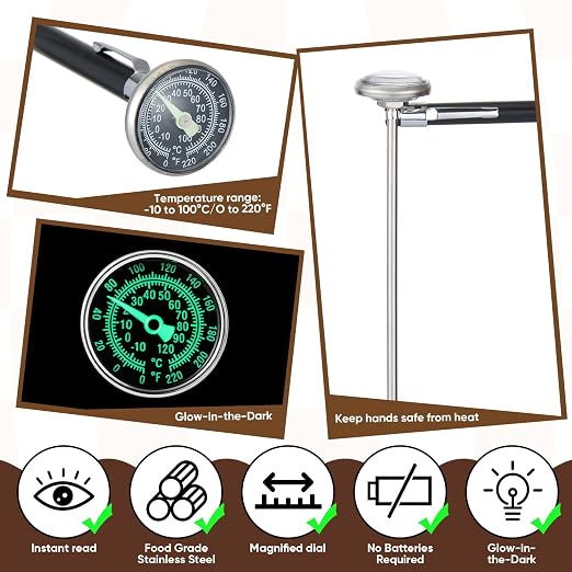 Xuhal 6 Pcs Stainless Steel Kitchen Glow Thermometer with 5 Inch Long Stem 1 Inch Dial Thermometer Milk Frothing Food for Oven Probe Meat Grill BBQ Cooking Chocolate Water(Black)