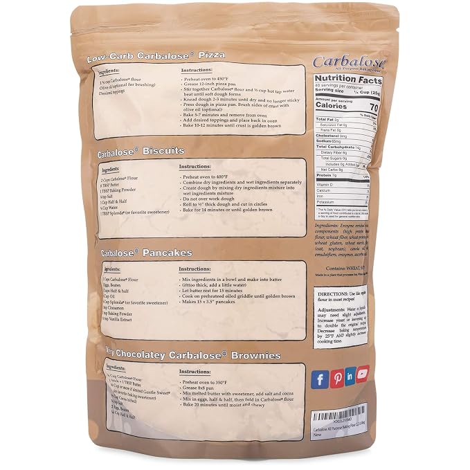 Carbalose Low Carb Flour, 2.2 lb Resealable Pouch – 90% Fewer Net Carbs – Wheat-Based for Bread, Pizza Crust, Cookies, Cakes, Pancakes and Waffles.
