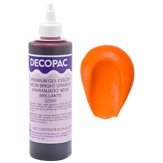 DecoPac Premium Gel Food Coloring | Neon Bright Orange Food Coloring For Baking | 8oz | Color Buttercream, Fondant, Frosting & Piping Gel, Food Safe, Highly Concentrated Gel, 8 oz - Neon Bright Orange
