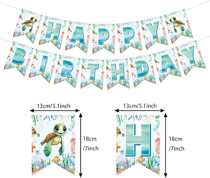 Zwiebeco Sea Turtle Happy Birthday Party Decoration Banner Bunting Garland Hanging Paper Swirls Kit for Ocean Animals Marine Organism Themed Boys Girls Kids Baby Shower Accessories Supplies