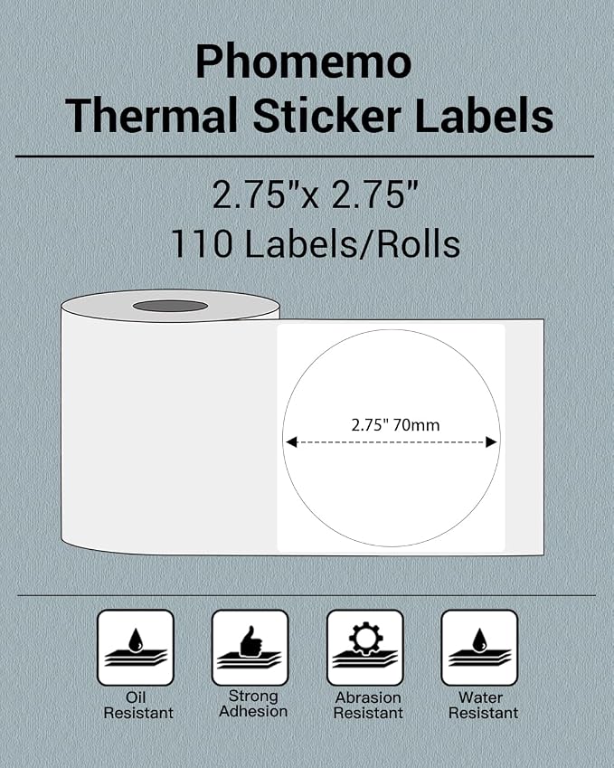 Phomemo Sticker Circle Labels- 2.75''x2.75''(70x70mm) Thermal Label for M221/M220/M200, for Barcode/Address/Mailing/Logo/Business/Home Tag, Black on White