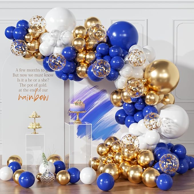 Blue and Gold Balloons Garland Arch Kit 154pcs Royal Blue White Metallic Gold and Confetti for Graduation Birthday Wedding Party Decorations
