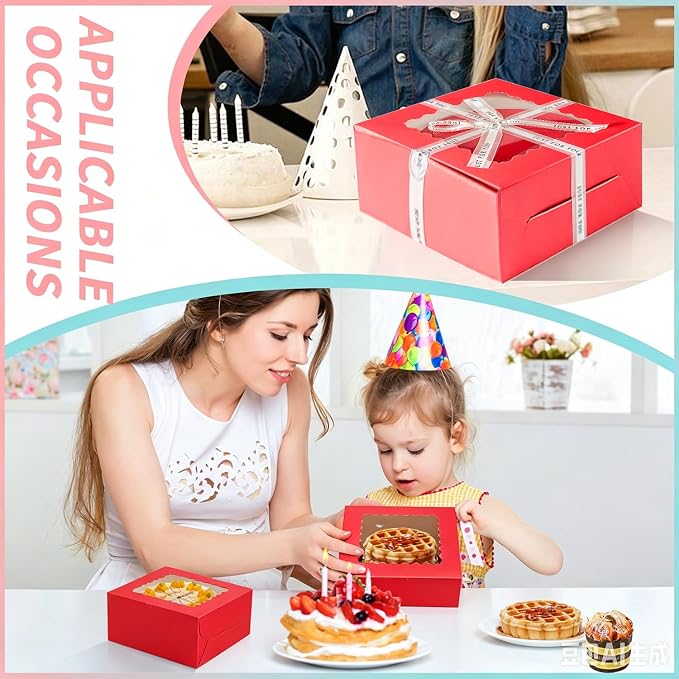 16pcs 10x10x5 Inches Cake Boxes,8pcs Red cake Box and 8pcs Boards,Cajas Pasteles for Disposable 10 inch Cake box with Window (Red, 10 * 10 * 5inch/16pcs)