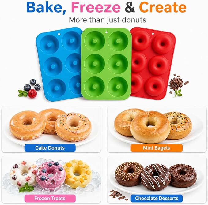 Silicone Donut Mold, 6 Cavity Non-Stick Doughnut Baking Pan – Food-Grade BPA-Free Flexible Silicone, Pops Out Easily, Oven Microwave Freezer & Dishwasher Safe (Donuts (3PK))