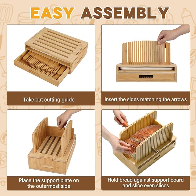 Bread Slicer for Homemade Bread，Bread Slicing Guide Adjustable Width，Foldable and Compact Cutting Guide with Crumb Tray, Suitability for Homemade Bread, Bagels，Compact Loaf Cutter for Perfect Slices