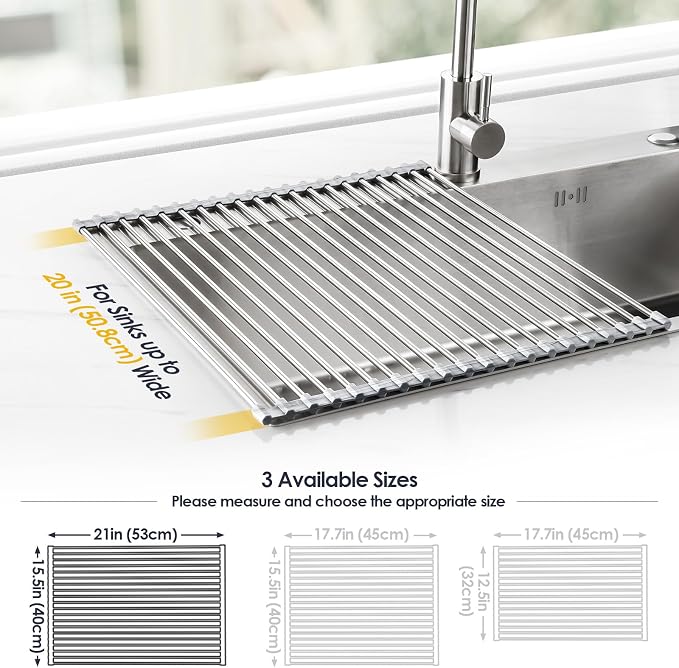 Tomorotec Stainless Steel Roll-Up Dish Drying Rack Marble Color Silicone Edges, Foldable Kitchen Rack Heat Resistant Trivet Supports up to 70 lbs, Food Safe for Dishes, Cookware & More