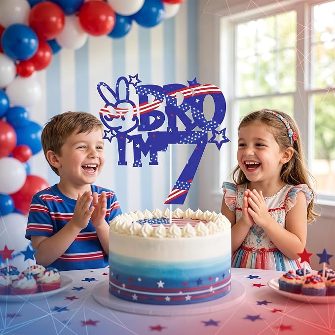 Bro I'm 6 Birthday Cake Toppers, Patriotic Cake Decorations for Boys Birthday Anniversary Party Decor Supplies