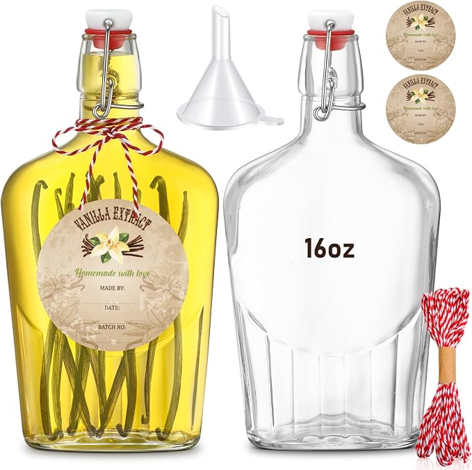 Uiifan 2 Pack 16 oz Vanilla Extract Bottles with Swing Top Flask Whiskey Pocket Clear Glass Flask for Homemade Vanilla Extract Lemon Kombucha Water Apply Christmas Wedding Gift (Clear)