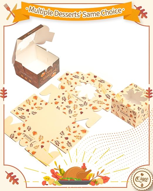 qiqee Thanksgiving Bakery Boxes with Window 52pcs 4x4x2.5 Mini Cookie Boxes Macaron Boxes Small Donut Pastry Boxes for Thanksgiving Day