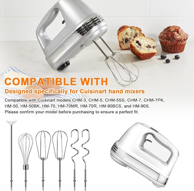 Hand Mixer Beaters Replacement for Cuisinart CHM Series, Stainless Steel Beater, Whisk, Dough Hook, Blending Rod Attachments Parts for HM-90S HM-50 HM-70 CHM-3 CHM-7PK 9 7 5 3 Mixers Blender - 6 PCS