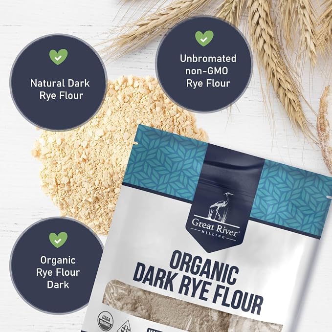 Great River Milling Organic Dark Rye Flour | Whole Grain, Non-GMO, Kosher, Unbromated | Earthy Flavor for Rye Bread, Sourdough Starter, Bagels, Crackers & Artisan Baking | 2 Lb